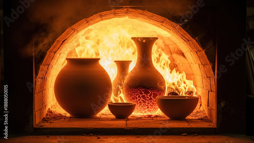Clay pottery being fired in a brick kiln with flames