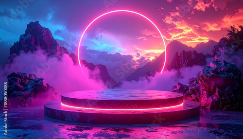 Futuristic neon illuminated marble pedestal in a mountainous landscape at dusk vibrant colors and dramatic scenery