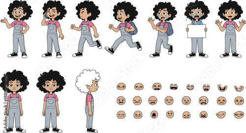 Expressive Cartoon Character Sheet with Curly Hair, Pink Shirt, Overalls, Action Poses, Facial Expressions for Animation, Comics, and Games