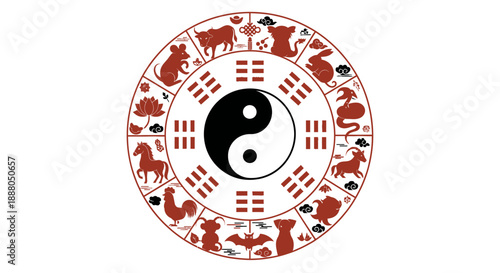 Traditional Chinese Yin Yang Symbol with Zodiac Animals and Trigrams on Isolated White Background