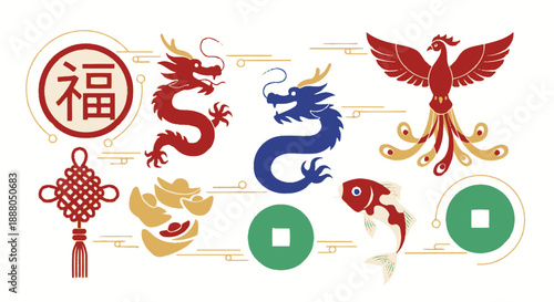 Collection of Traditional Chinese New Year Auspicious Symbols on Isolated White Background