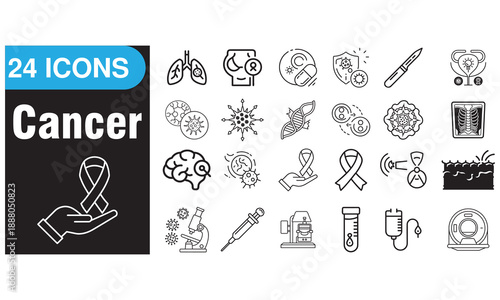 Cancer Icons Set 24 Medical and Awareness Line Icons for Oncology, Treatment, and Research Design