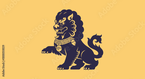 Dark Blue Chinese Guardian Lion with Ornate Details on Solid Yellow Background