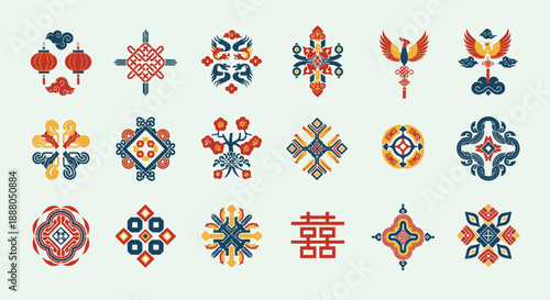 Collection of Intricate Traditional Chinese Decorative Patterns and Cultural Symbols, Auspicious Elements, in Bright Studio