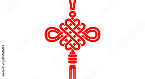 Traditional Red Chinese Endless Knot with Tassels, Auspicious Cultural Symbol, Isolated White Background