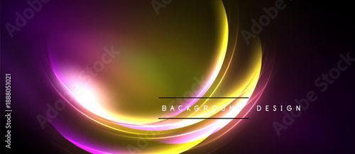 Abstract vibrant background. Swirling light shapes create dynamic visual effect. Gold, purple hues dominate dark space. Modern design element.