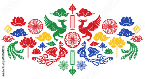 Vibrant Collection of Various Traditional Chinese Cultural Elements: Clouds, Phoenixes, Lotus Flowers, and Ornaments, isolated white background