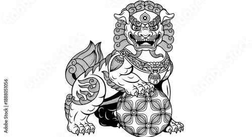 Black and White Line Art Illustration of a Traditional Chinese Foo Dog Guardian Lion on a Ball, isolated white background