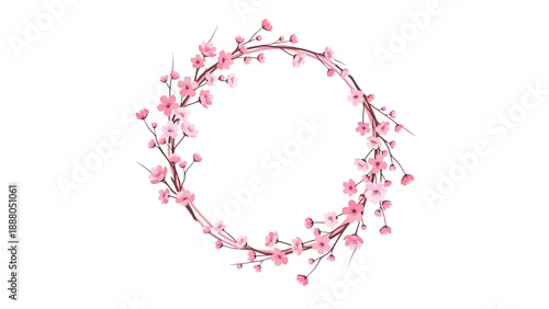 Pink cherry blossom wreath on white background, spring floral circle frame