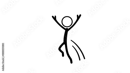 Simple stick figure jumping with joy and raised arms.
