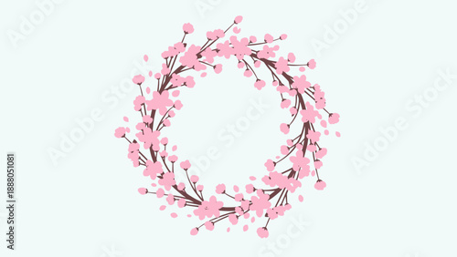 Pink Cherry Blossom Wreath on Light Blue Background