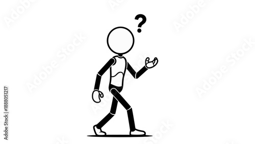 Simple stick figure walking with a questioning expression.