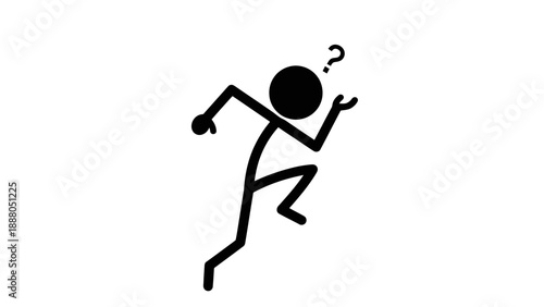 Confused stick figure running with question mark.