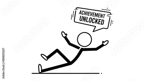 Simple stick figure celebrating achievement with unlocked badge.
