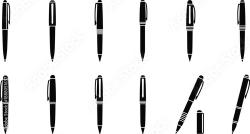 Pen, Pens, Ballpoint, Writing, Tool, Stationery, Office, School, Education, Business, Silhouette, Icon, Set, Collection, Black, Simple, Minimal, Vector, Illustration, Design