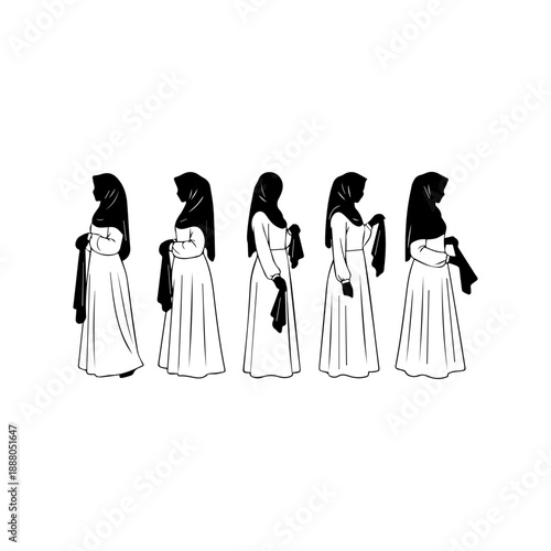 Elegant silhouettes of muslim women wearing hijab and abaya showcasing modest fashion