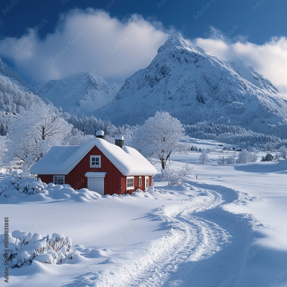 Fototapeta premium Red house among the mountains in the snow