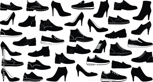 Shoes, Footwear, Silhouettes, Collection, Fashion, Style, Clothing, Apparel, Sneakers, Boots, Heels, Flats, Loafers, Trainers, Foot, Accessory, Design, Illustration, Black, Set