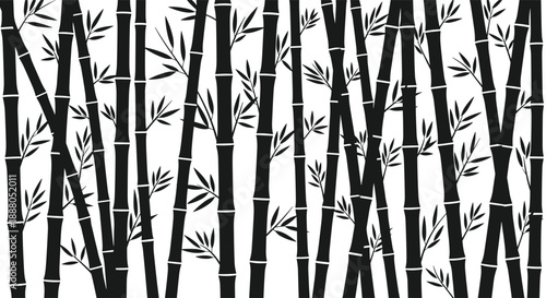 Black bamboo forest silhouettes with leaves vector background