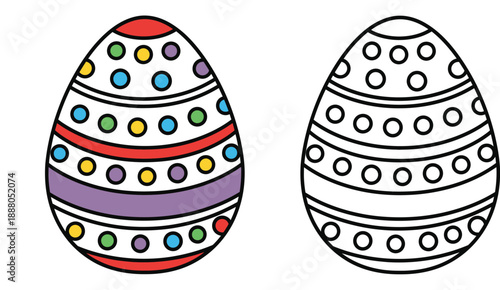 Vector illustration of colorful decorated Easter egg and black and white outline for coloring book page isolated on white background