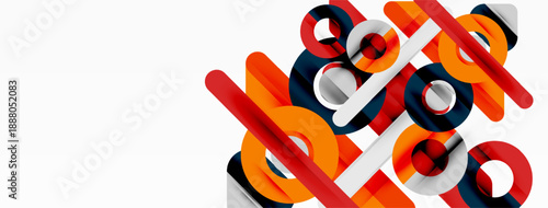 Abstract geometric shapes overlap, creating dynamic visual composition. Red, orange, gray tones dominate design. Modern aesthetic.