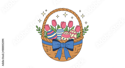 Easter basket with decorated eggs and pink tulips vector illustration