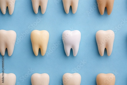 Dental health concept collection of teeth with varying shades on blue backdrop
