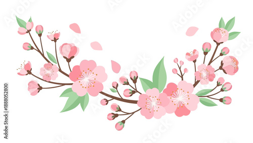 Spring Cherry Blossom Branch with Falling Petals, Pink Flowers and Green Leaves