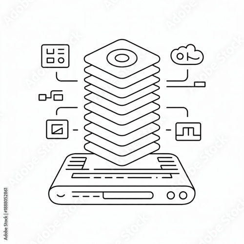 Minimalist Line Art Server Stack Icon with Cloud and Data Flow Connections
