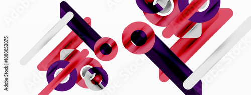Abstract composition featuring geometric shapes, vibrant colors, dynamic lines. Purple, red, white elements create modern visual impact.