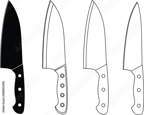 Professional kitchen chef knife icons set, sharp steel blade silhouette and outline vectors, culinary cooking tools for restaurant branding and food preparation,