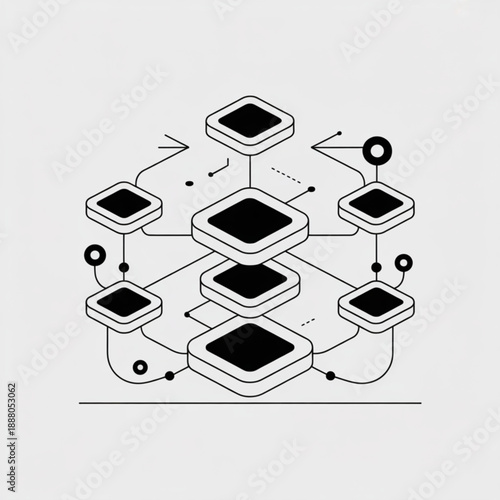 Minimalist isometric network illustration with interconnected black geometric shapes, data flow lines, and stacked elements.