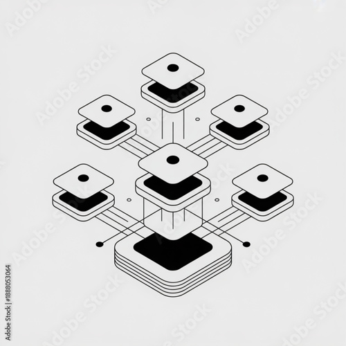 Isometric Abstract Network Diagram with Interconnected Geometric Shapes and Data Flow Lines