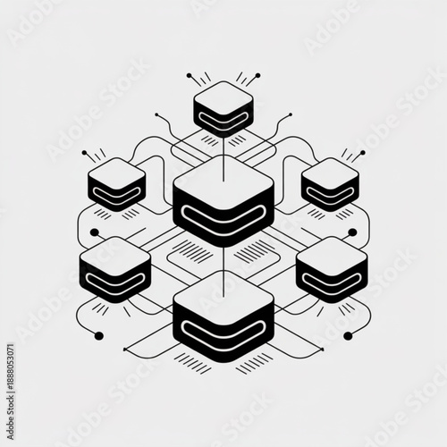 Minimalist isometric black and white network of interconnected server cubes with glowing signals.