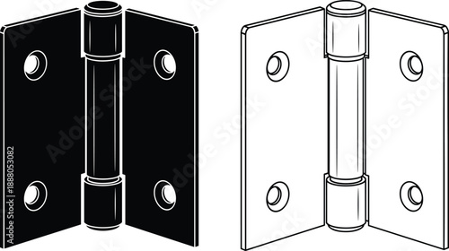 Title Vector line art of industrial door hinges, heavy duty metal hardware for gate installation, architectural furniture components, isolated set in black and white, 2026.