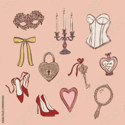 Vector set with illustration of shoes, mirror, corset, key, lock and mask. Romantic love symbol perfect for Valentines Day holiday, wedding designs, posters, invitations and festive decor.