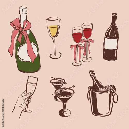 Vector set with illustration of wine, glasses and bottles. Romantic love symbol perfect for Valentines Day holiday, wedding designs, posters, invitations and festive decor.
