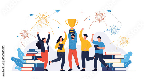 Diverse group of happy students celebrating victory with a gold trophy and fireworks for education success and graduation achievement.