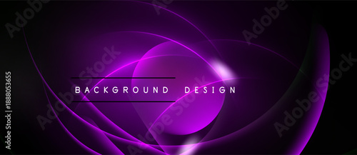 Abstract purple design features flowing curves, bright lines. Dark background emphasizes luminous shapes, creating modern visual impact.