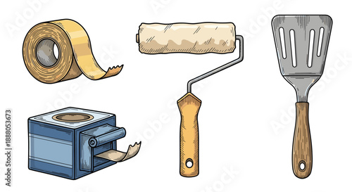 Renovation and household tools including adhesive tape, a paint roller, and a metal spatula with wooden handles for DIY projects.