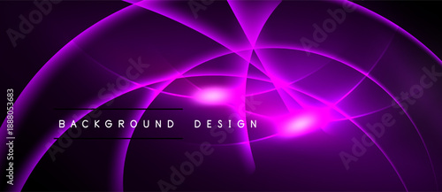 Abstract purple design features curved lines, glowing effects. Dark background enhances vibrant luminosity, creating dynamic visual impact.