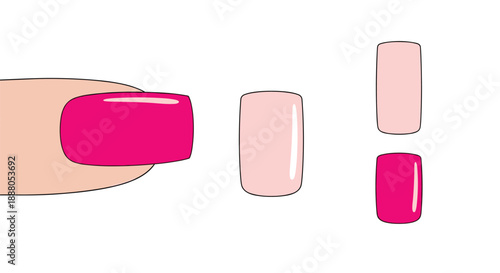 Fingernail with bright pink polish and various shade options representing professional manicure and nail salon beauty treatments.