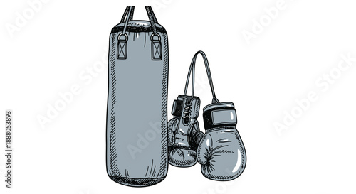 Boxing training equipment including a heavy punching bag and two hanging boxing gloves for martial arts and combat sports.