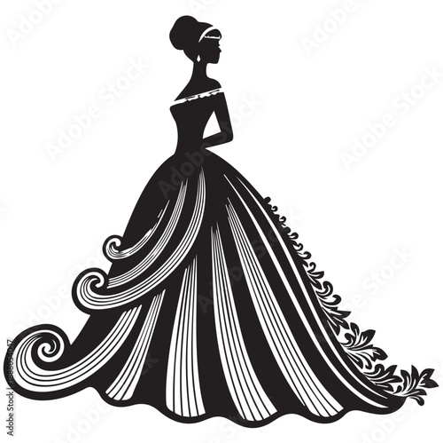 Elegant princess silhouette in a magnificent ball gown with ornamental floral details.