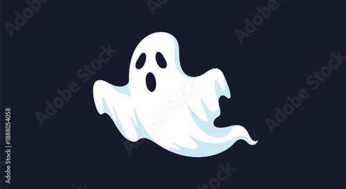 Spooky white ghost with black eyes and a wide open mouth floating against a dark blue background for halloween.