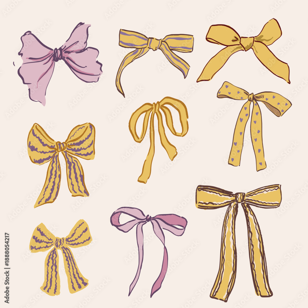 Obraz premium Vector set of yellow and violet bows. Hand-drawn gift ribbons isolated on white background. Holiday illustration for design, print, fabric or background.