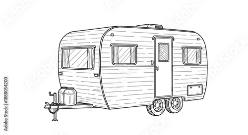 Vintage camper trailer with wooden panels and gas cylinders in a detailed black and white line art sketch.
