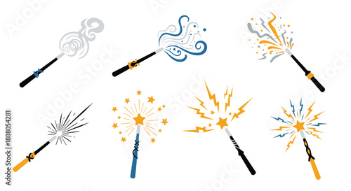 Set of different magical wands with colorful sparks, smoke, and lightning effects for fantasy and wizard themes.