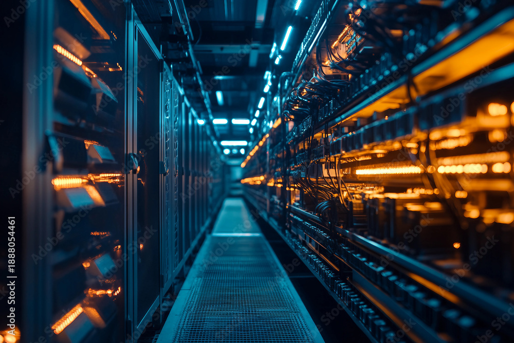 Fototapeta premium Powerful crypto mining farm with hundreds of graphics cards and neon lights for cryptocurrency blockchain data center generative ai