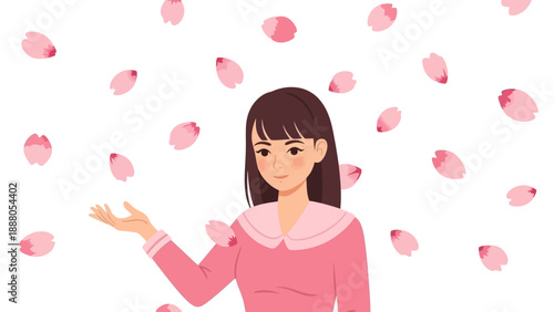 Young Woman Enjoying Falling Cherry Blossom Petals in Spring